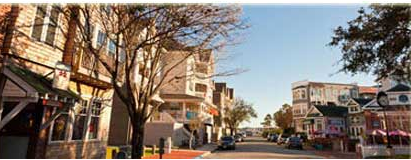 Historic downtown Manteo street lined with shops and bare trees