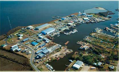 Aerial view of Wanchese harbor and marina on Roanoke Island